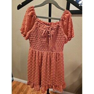 Girl's Textured Swiss Dot Smocked Mini Dress - Coral Pink